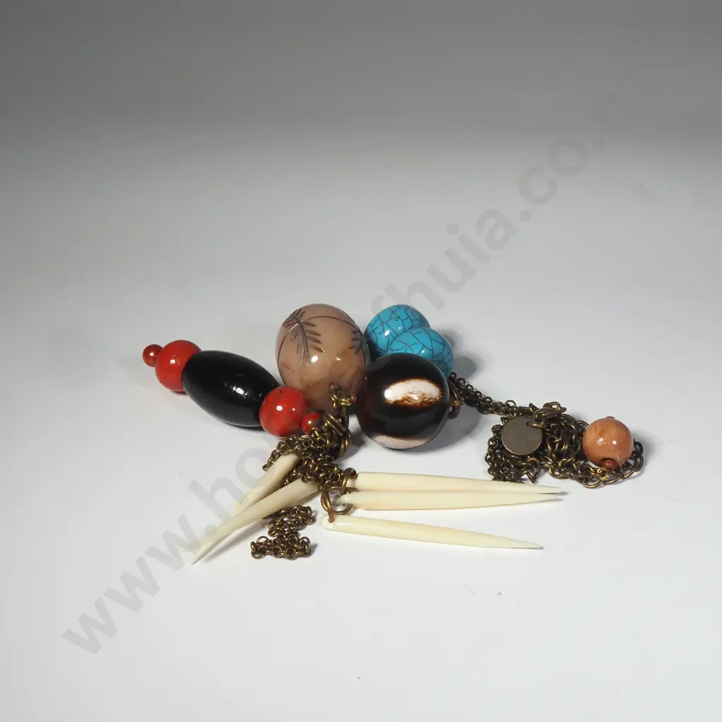 Mimco Statement Necklace w Carved Beads, Coral & Turquoise Coloured Beads on a Brass Chain Image 1++