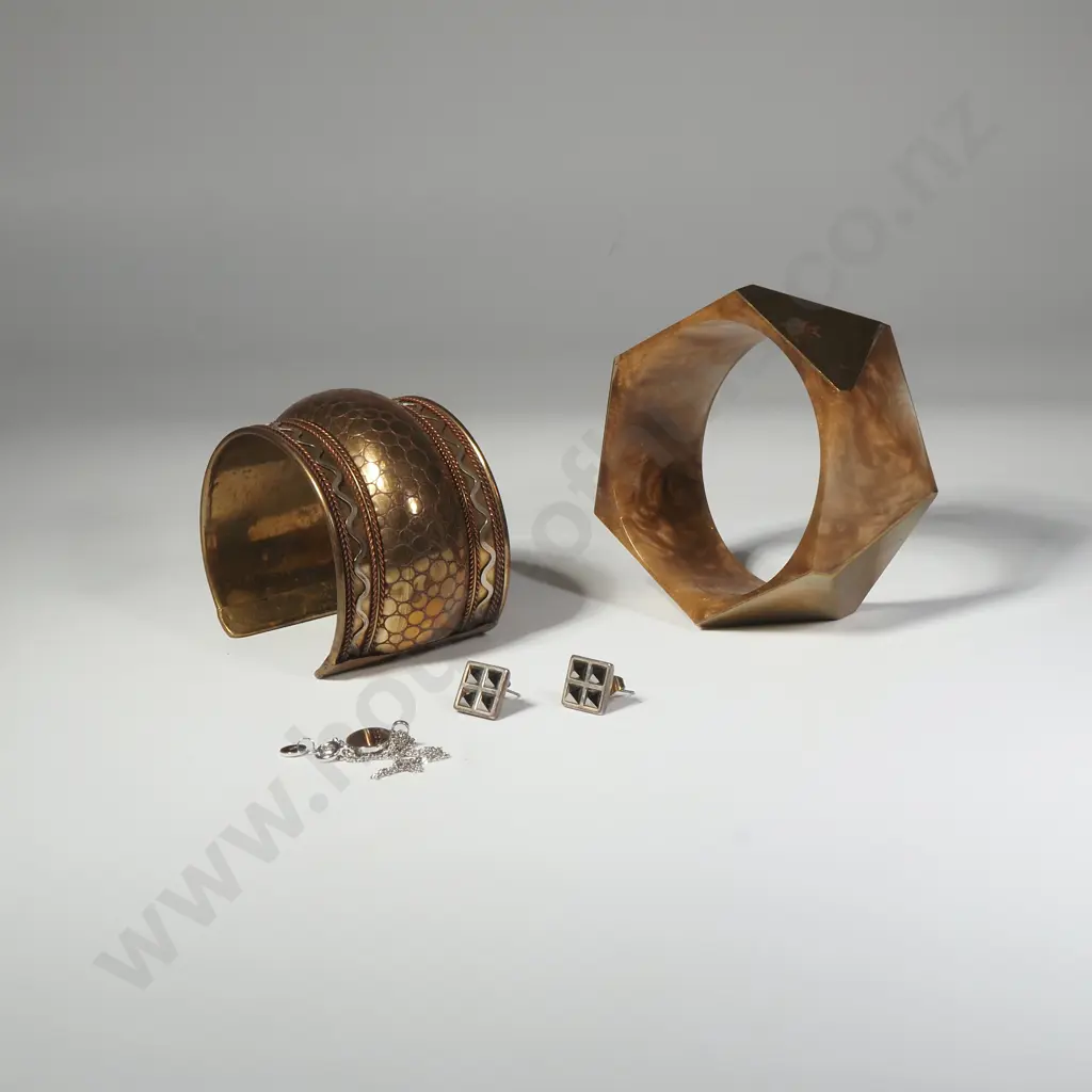 Vintage Engraved Brass Cuff Bangle & an Acrylic  & Gold Tone Hexagonal Bangle Image 1++