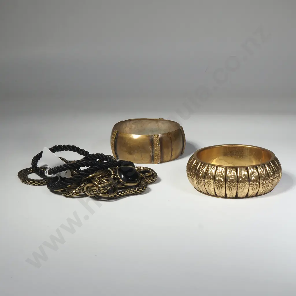 Two Brass Domed Bangles & a Long Gold Tone & Black Cabochon Necklace Image 1++