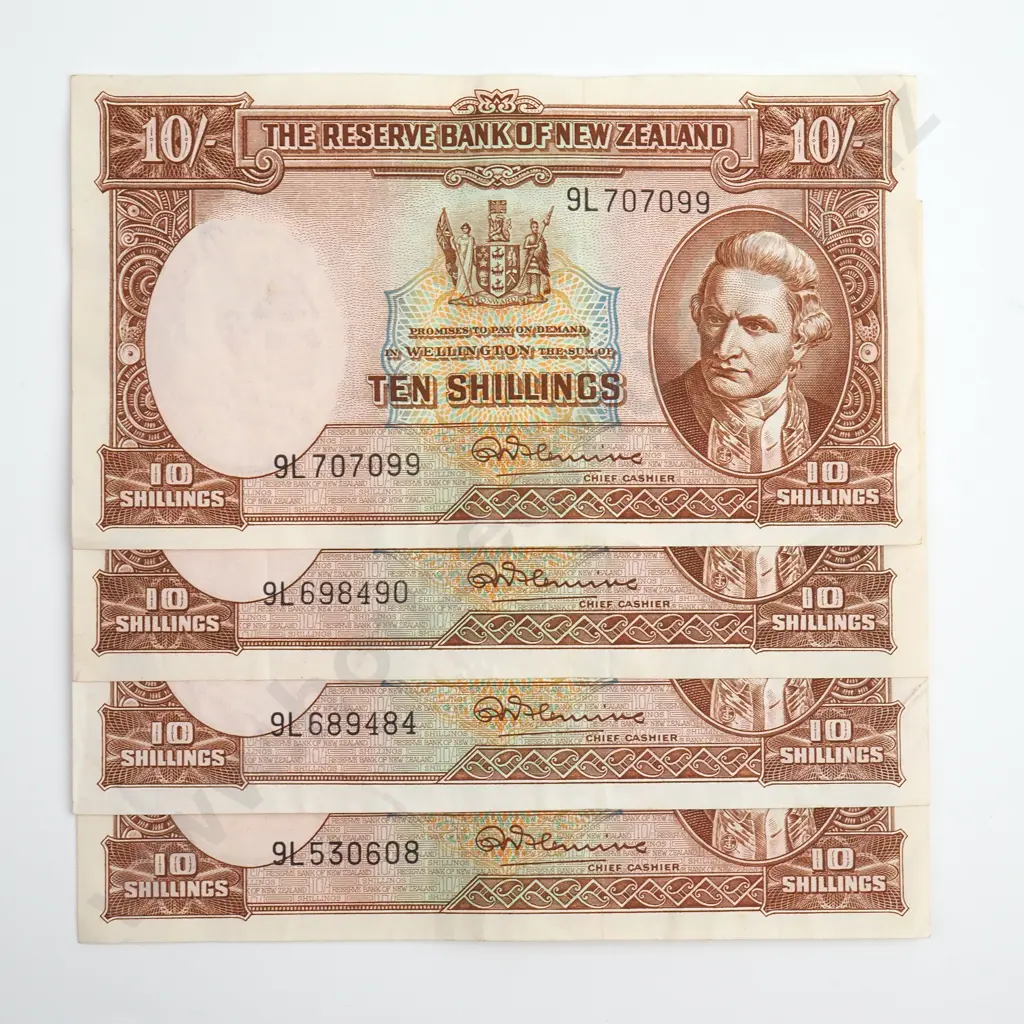Fleming 4x 10 Shillings Banknotes, Prefix 9L (Last Prefix), Very Fine, Combined CV $280 Image 1++