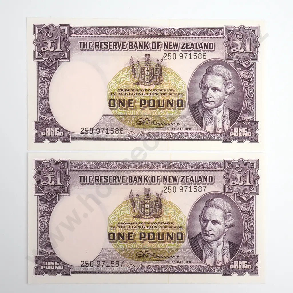 Fleming Consecutive Pair 1 Pound Banknotes, Prefix 250, Uncirculated, Combined CV $350 Image 1++