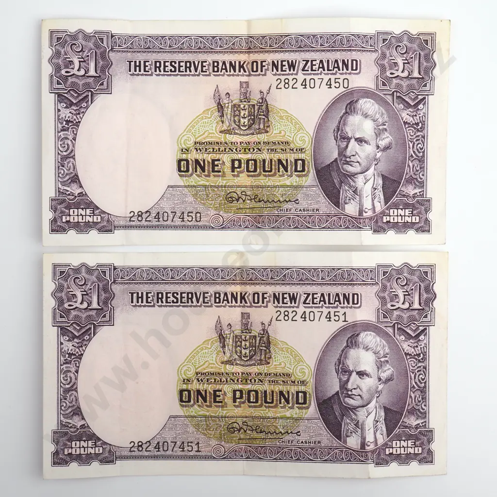 Fleming Consecutive Pair 1 Pound Banknotes, ND(1956-67), P.159d, Almost Extremely Fine, Combined CV $170 Image 1++