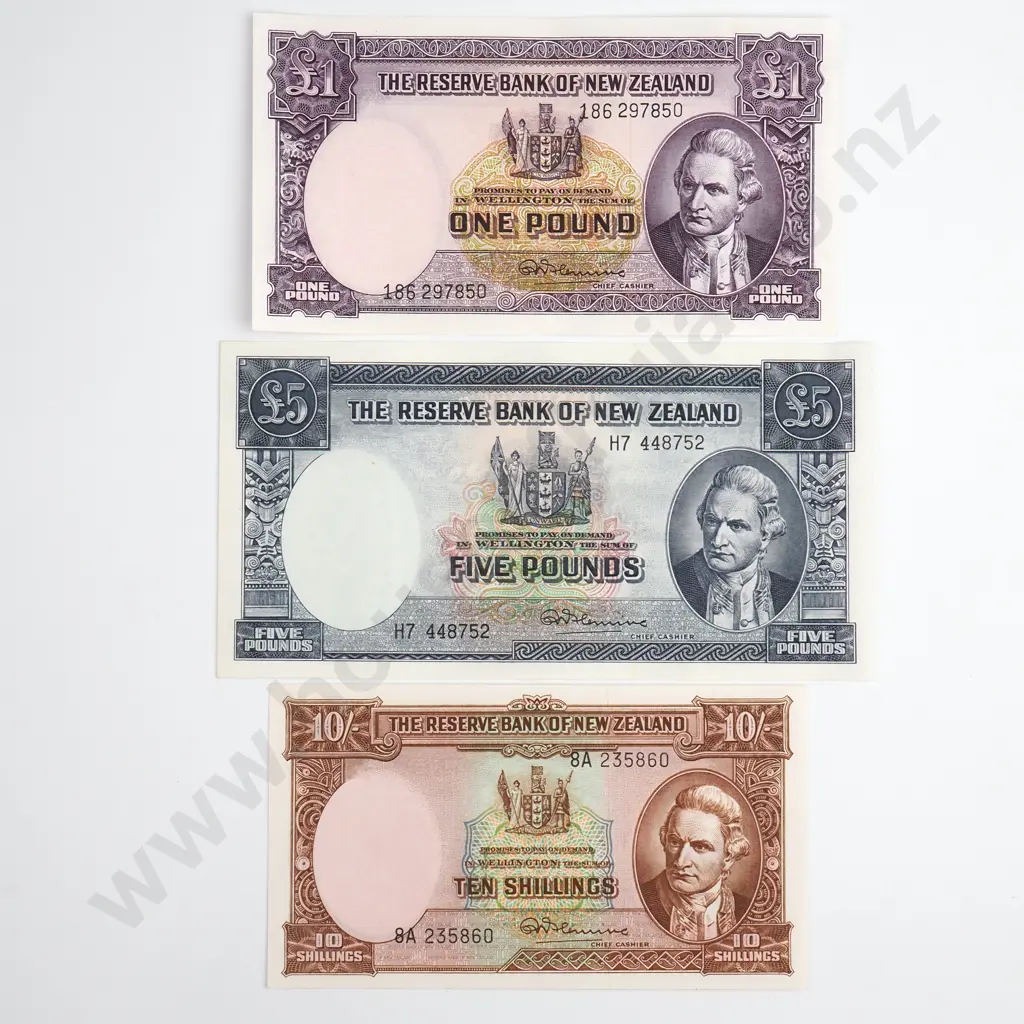 Fleming 10 Shillings, 1 Pound & 5 Pounds Banknotes, Almost Uncirculated Image 1++