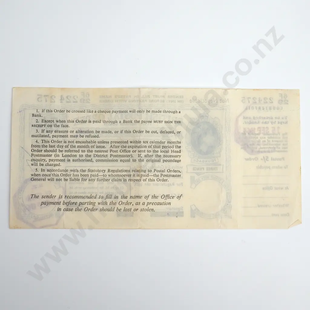 British Postal Order Banknote, 15.9.1964, cf H.BPO.5, Very Fine, CV $50 Image 1++
