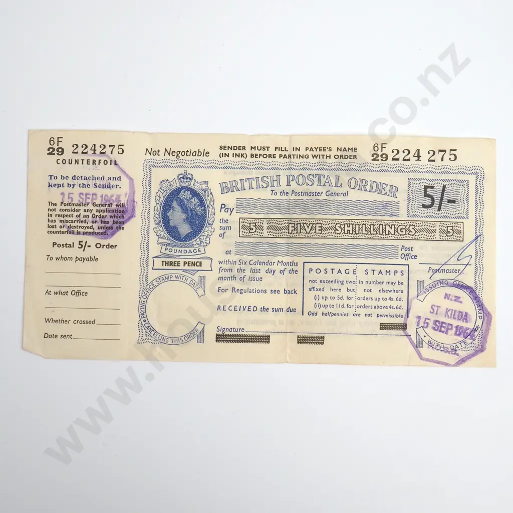 British Postal Order Banknote, 15.9.1964, cf H.BPO.5, Very Fine, CV $50 Image 1++