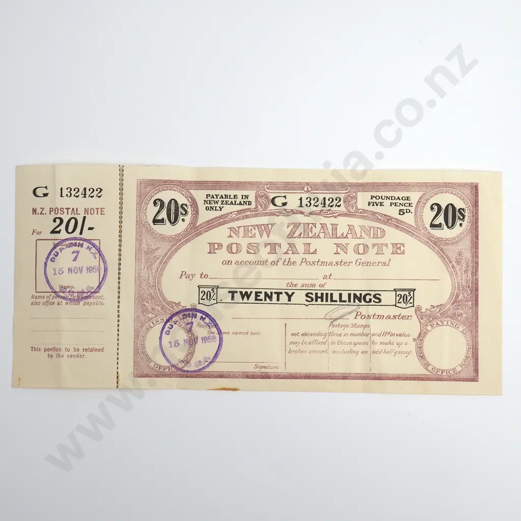 Postal Note 20 Shillings Banknote, 15.11.1958, H.PN7E-39, Very Fine, CV $125 Image 1++