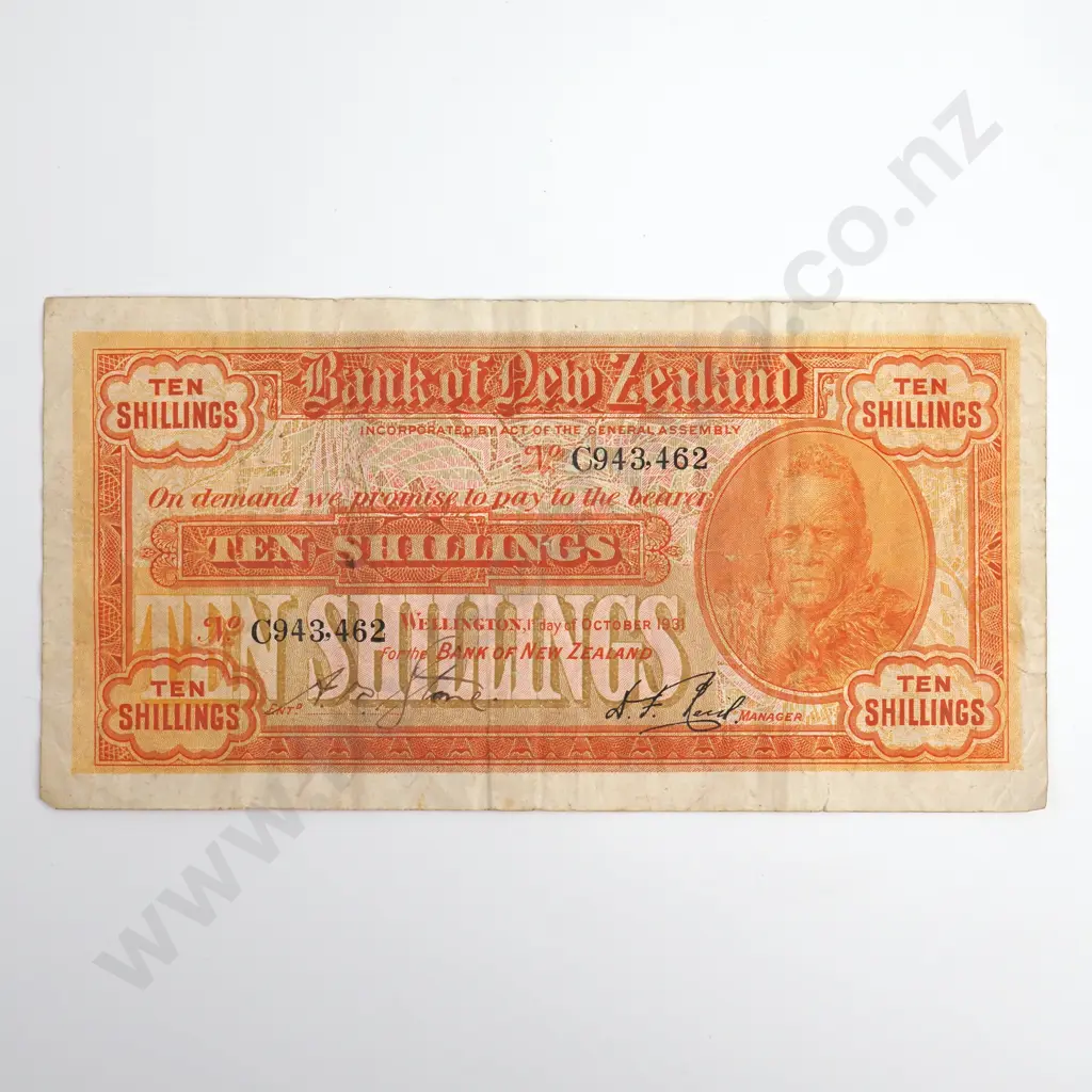 1931 Bank of New Zealand 10 Shillings Trading Banknote Image 1++