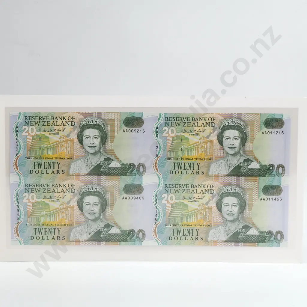 Brash Uncut Block of 4 20 Dollars Banknotes, ND(1992), P.179b, Uncirculated, Combined CV $200 Image 1++