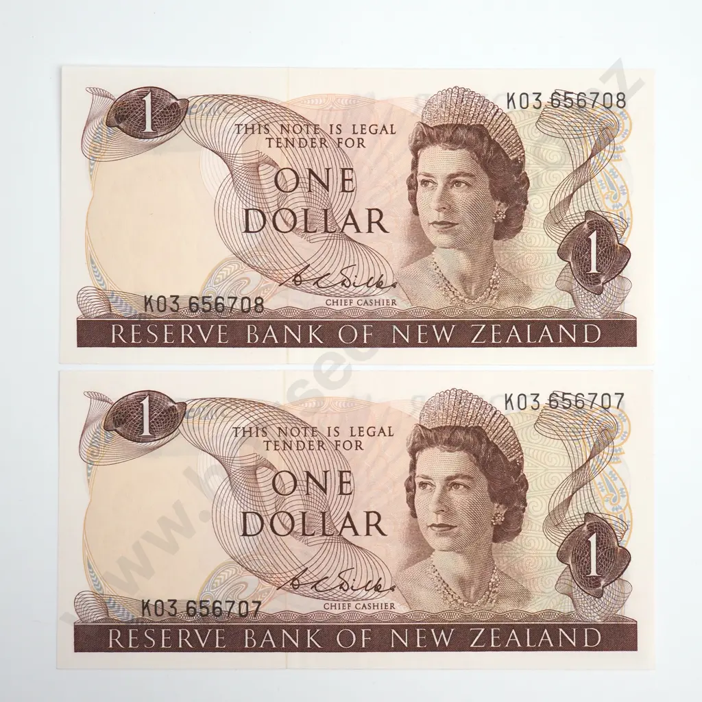 Wilks Consecutive Pair 1 Dollar Banknotes, ND(1968-75), P.163b, Virtually Uncirculated, Combined CV $200 Image 1++