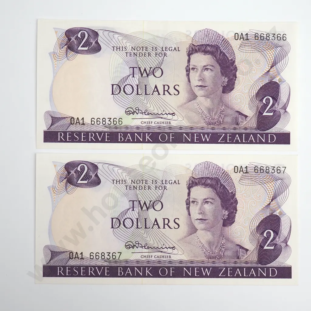 Fleming Consecutive Pair 2 Dollars Banknotes, ND(1967-68), P.164a, Almost Uncirculated, Combined CV $140 Image 1++