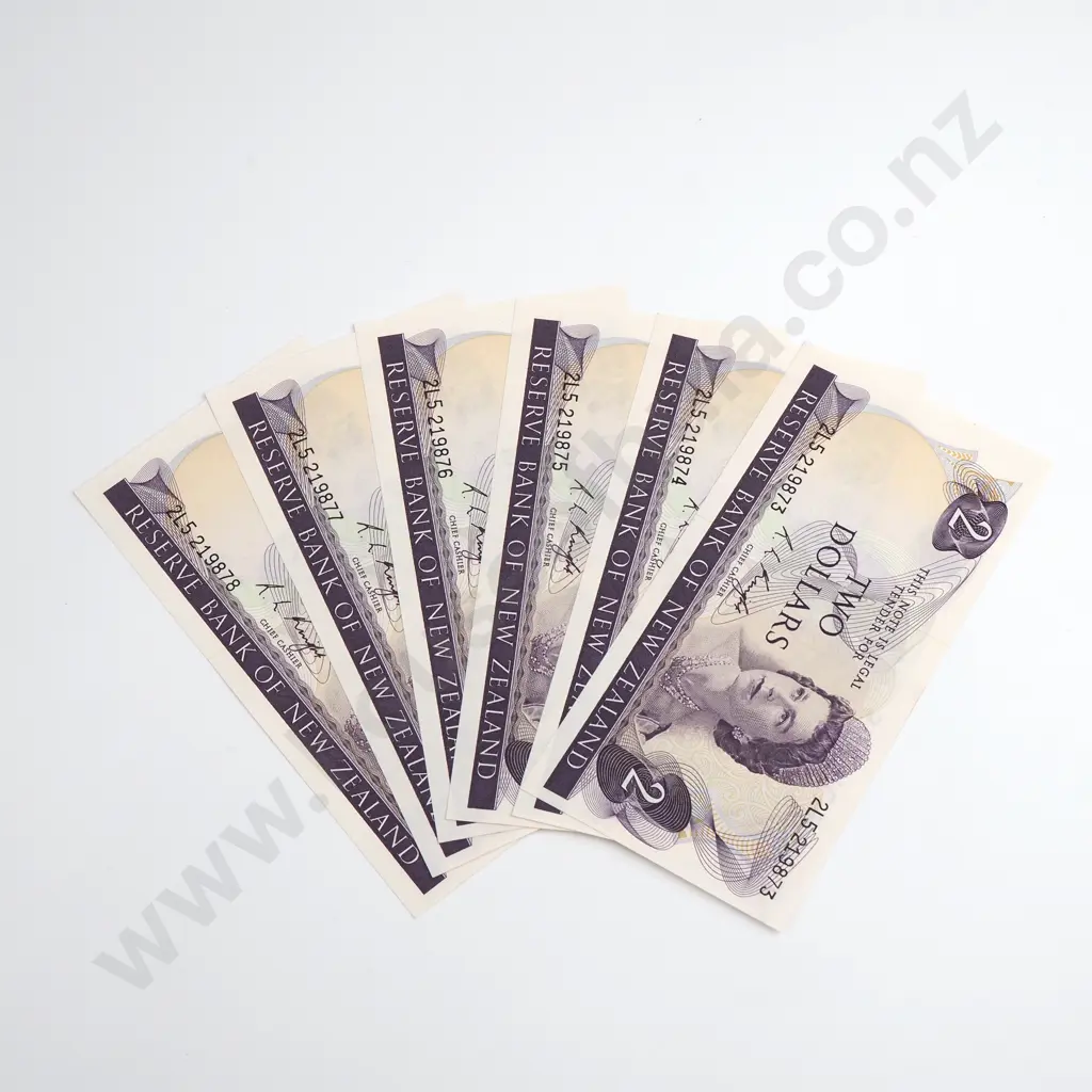 Knight Consecutive Run of 6 2 Dollars Banknotes, ND(1975-77), P.164c, Almost Uncirculated, Combined CV $210 Image 1++