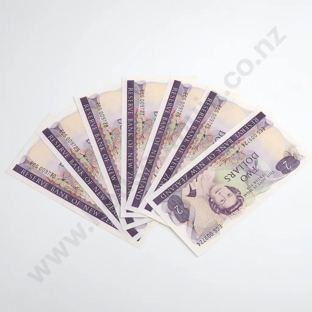 Hardie Type II Consecutive Run of 7 2 Dollars Banknotes, Prefix ECS, Almost Uncirculated, Combined CV $84 Image 1++