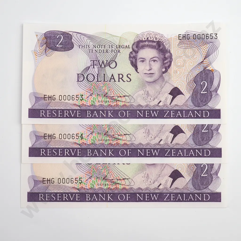 Russell Consecutive Trio 2 Dollars Banknotes, 1st Prefix, ND(1985-89), P.170b, Uncirculated, Combined CV $210 Image 1++