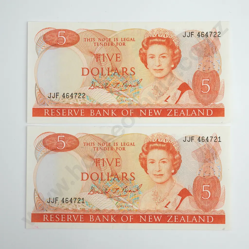 Brash Consecutive Pair 5 Dollars Banknotes, Prefix JJF Image 1++