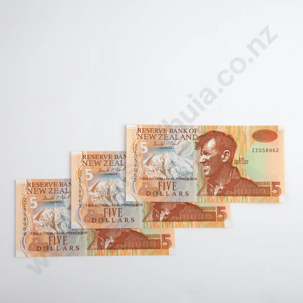 Brash Consecutive Trio 5 Dollars Banknotes, Prefix ZZ, ND(1993-97), P.177c, Uncirculated, Combined CV $180 Image 1++