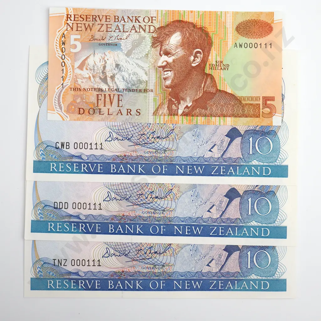 Brash 3x 10 Dollars & 1x 5 Dollars Banknotes, All Suffix 000111, Uncirculated Image 1++