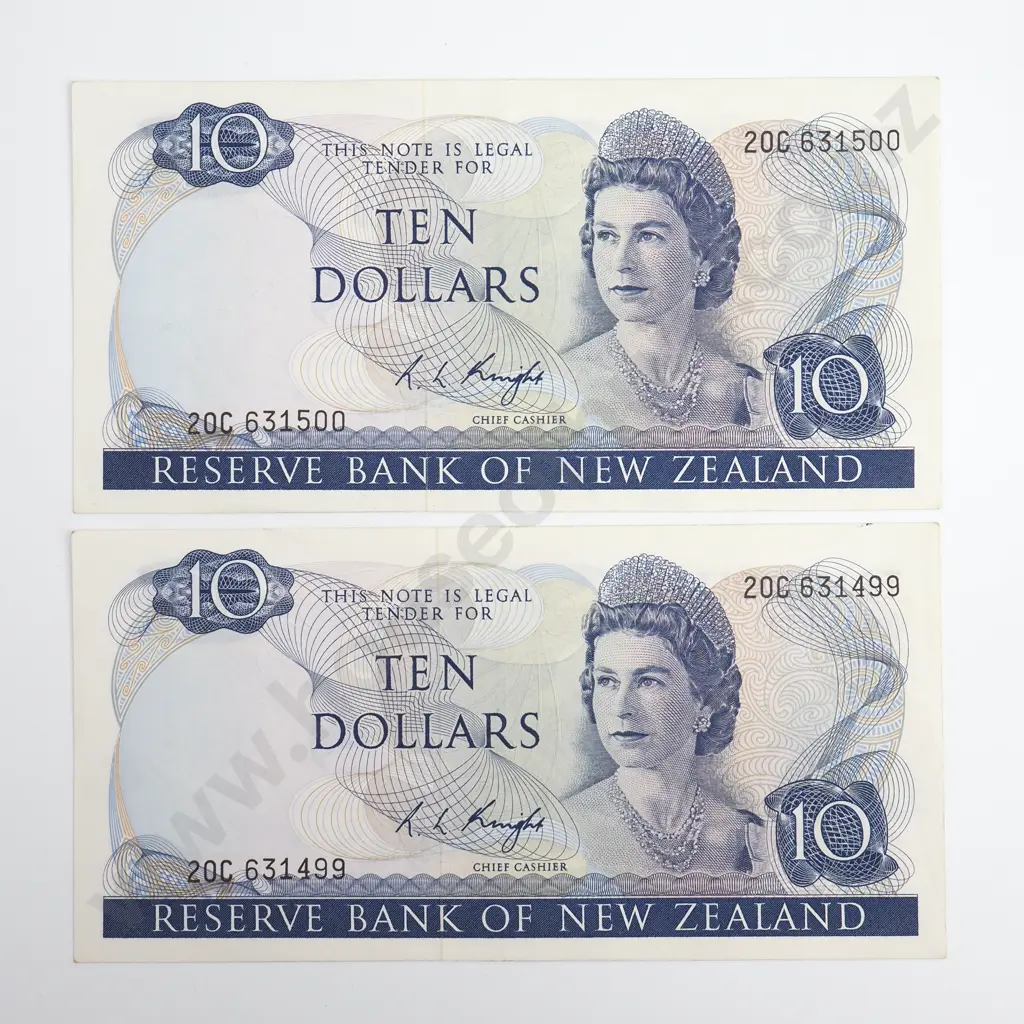 Knight Consecutive Pair 10 Dollars Banknotes, ND(1975-77), P.166c, Almost Uncirculated, Combined CV $350 Image 1++