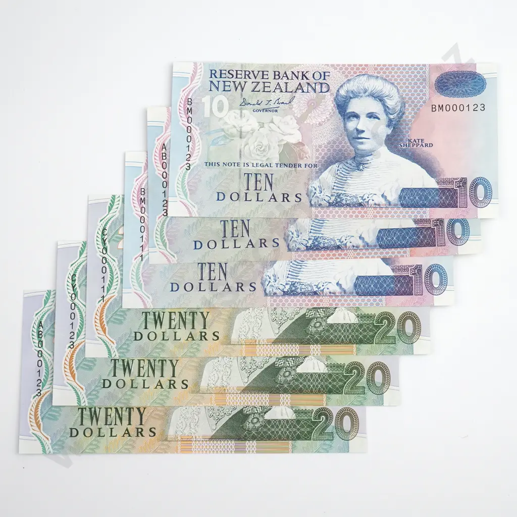 Brash 3x 10 Dollars & 3x 20 Dollars Banknotes, All Suffix 000123, Uncirculated Image 1++