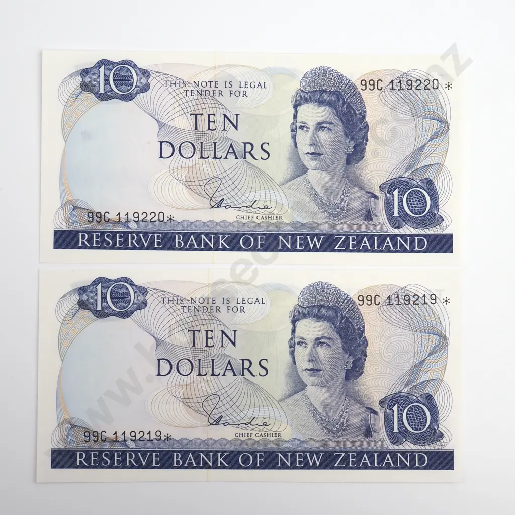 Hardie Consecutive Pair Star Note 10 Dollars Banknotes, ND(1977-81), P.166d, Uncirculated, Combined CV $350 Image 1++