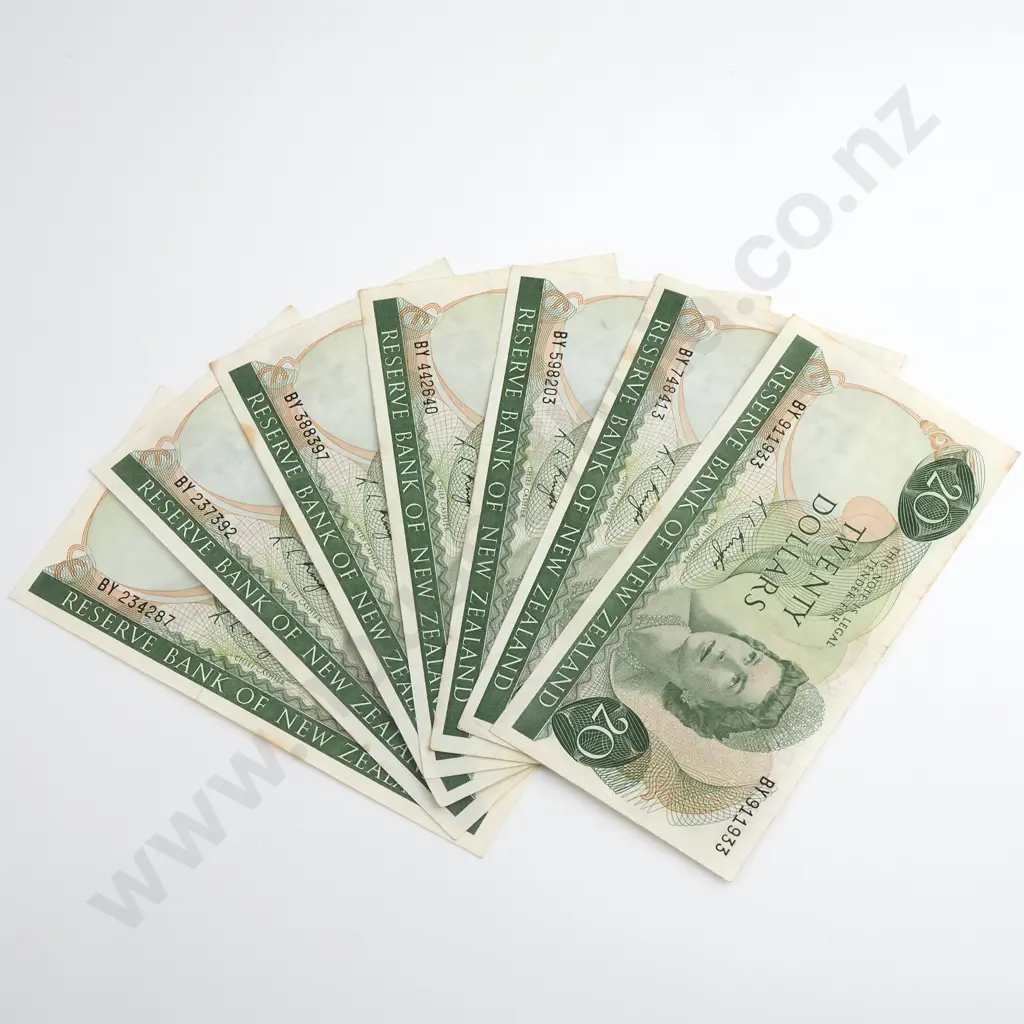 Knight 7x 20 Dollars Banknotes, Prefix BY, Fine to Very Fine, Minimum Combined CV $350 Image 1++