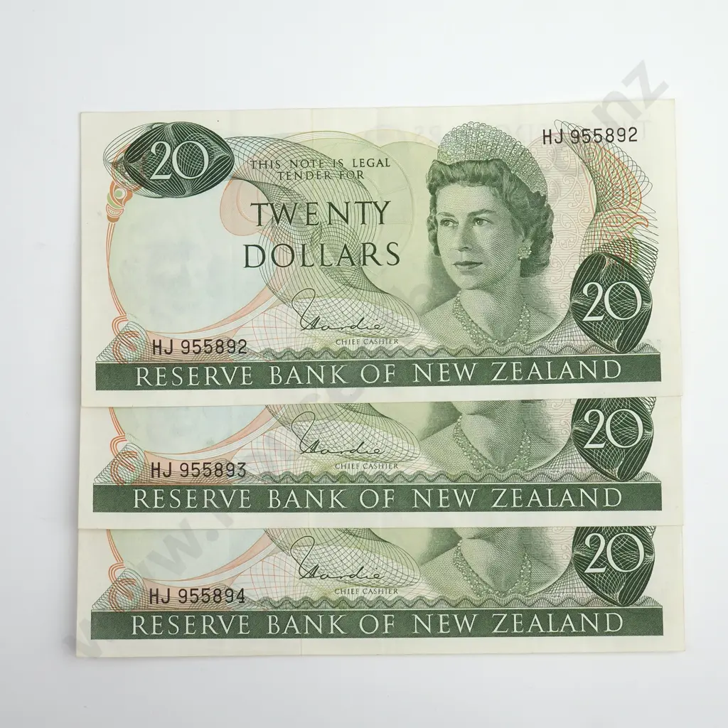 Hardie Type I Consecutive Trio 20 Dollars Banknotes, ND(1977-81), P.167d, Good Extremely Fine, Combined CV $400 Image 1++