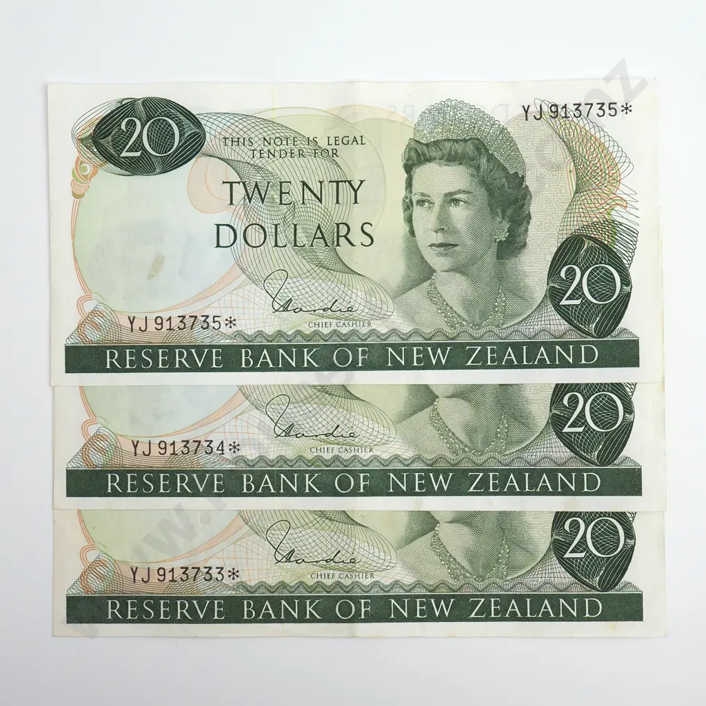 Hardie Consecutive Trio Star Note 20 Dollars Banknotes, ND(1977-81), P.167d, Extremely Fine, Combined CV $360 Image 1++