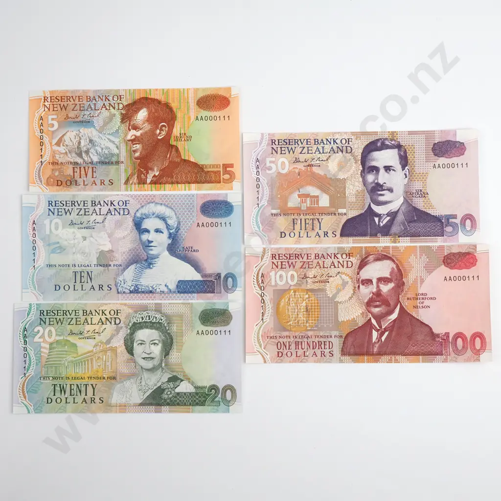 Brash 5, 10, 20, 50 & 100 Dollars Banknote Set, Matching Serials AA 000111, Uncirculated Image 1++