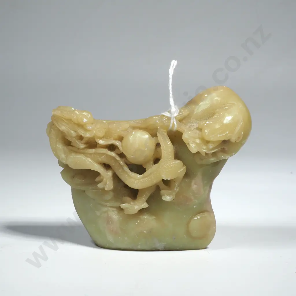 Vintage Chinese Soapstone Carving of Dragons Chasing a Flaming Pearl Image 1++