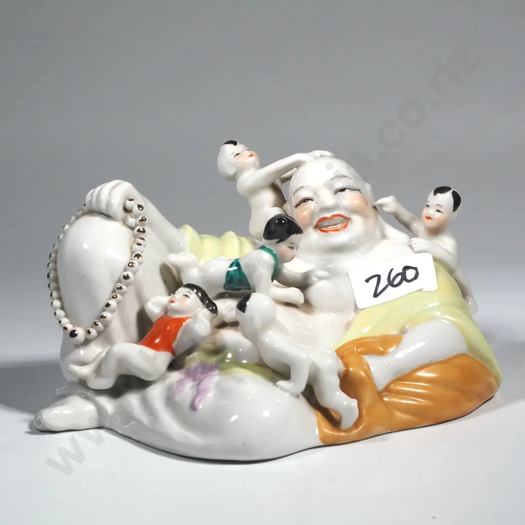 Glazed Figure of Laughing Buddha w Children Image 1++