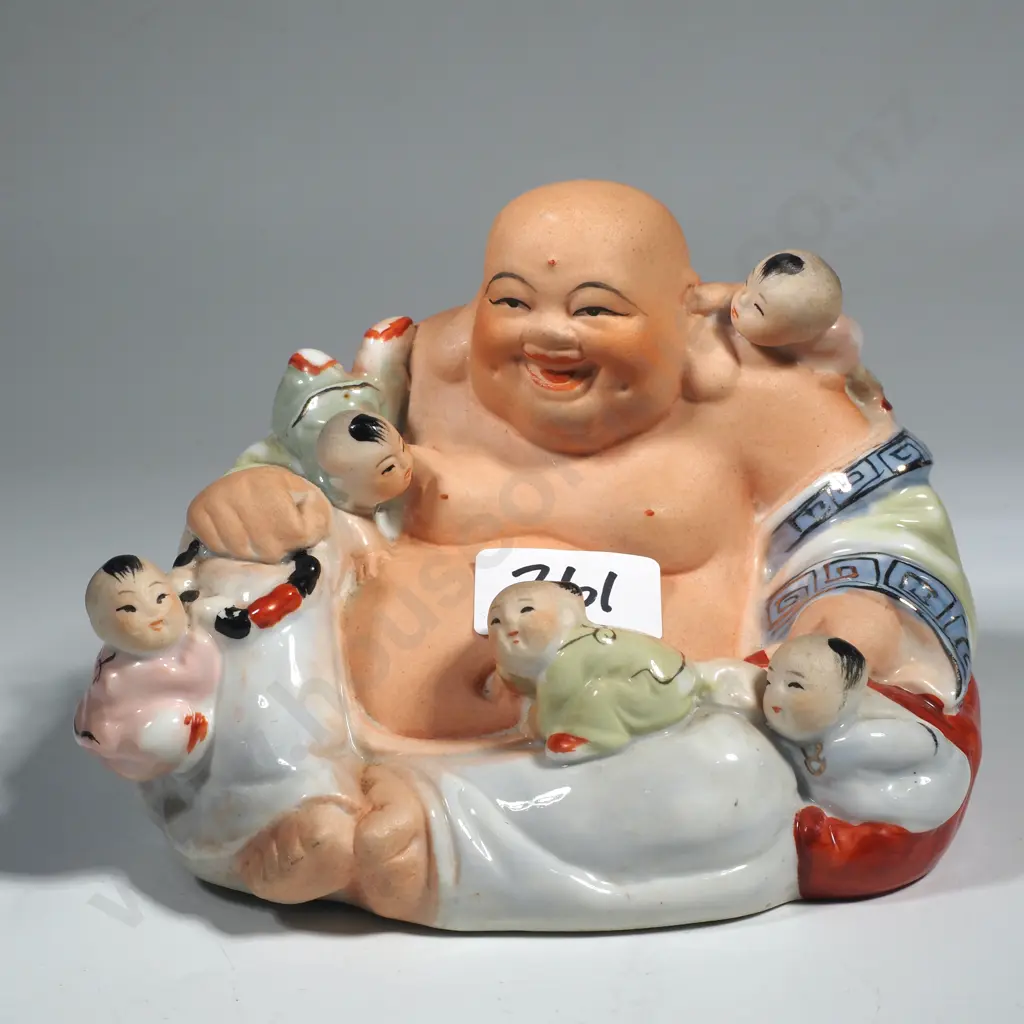 Vintage Figure of Laughing Buddha w Children Image 1++