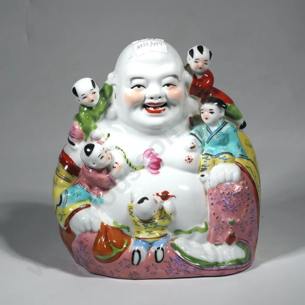 Large Porcelain Laughing Buddha Figurine w Five Children Image 1++