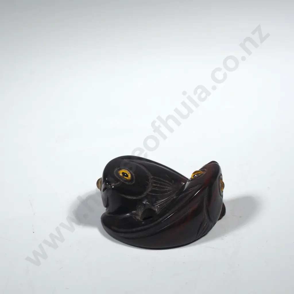 Japanese Netsuke? or Toggle from Dark Polished Stone depicting Two Intertwined Fish w Yellow Eyes Image 1++