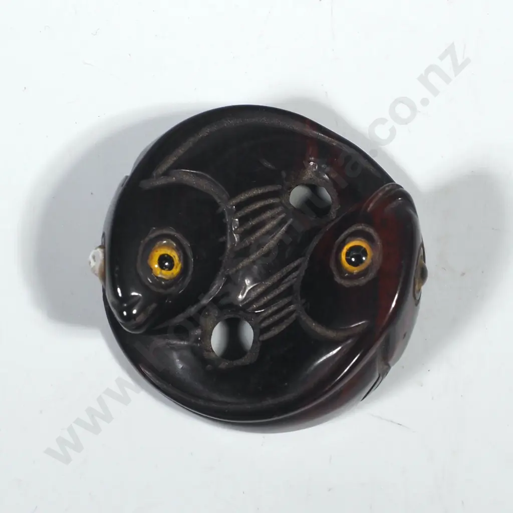 Japanese Netsuke? or Toggle from Dark Polished Stone depicting Two Intertwined Fish w Yellow Eyes Image 1++