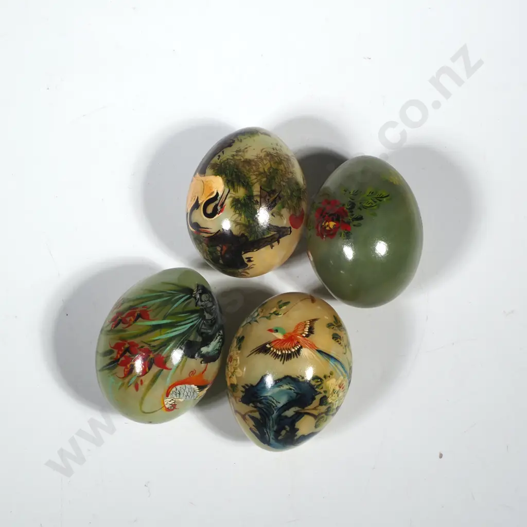 Four Vintage Jade or Green Onyx  Glass Eggs Hand painted w Birds, Flowers & Landscapes Image 1++