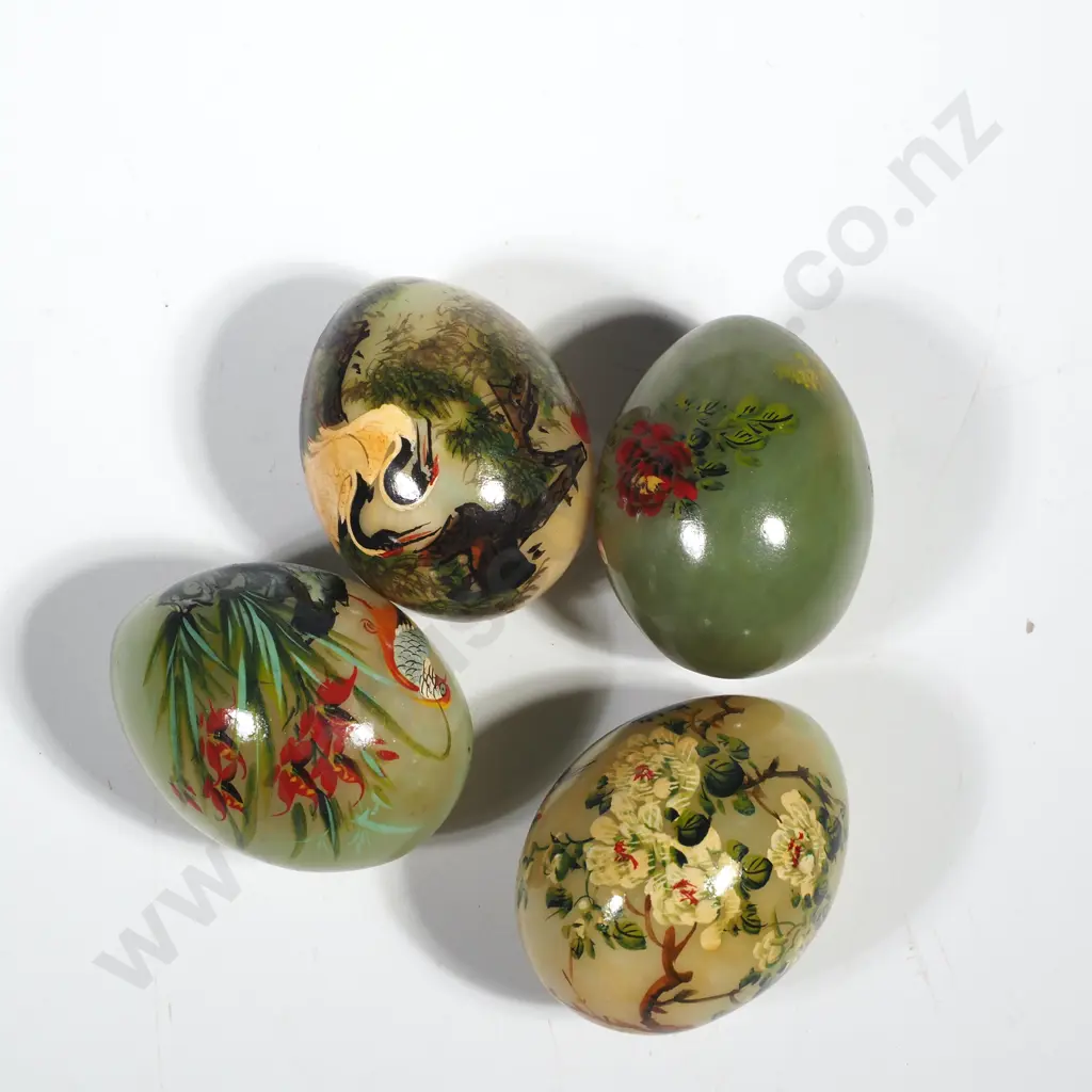 Four Vintage Jade or Green Onyx  Glass Eggs Hand painted w Birds, Flowers & Landscapes Image 1++