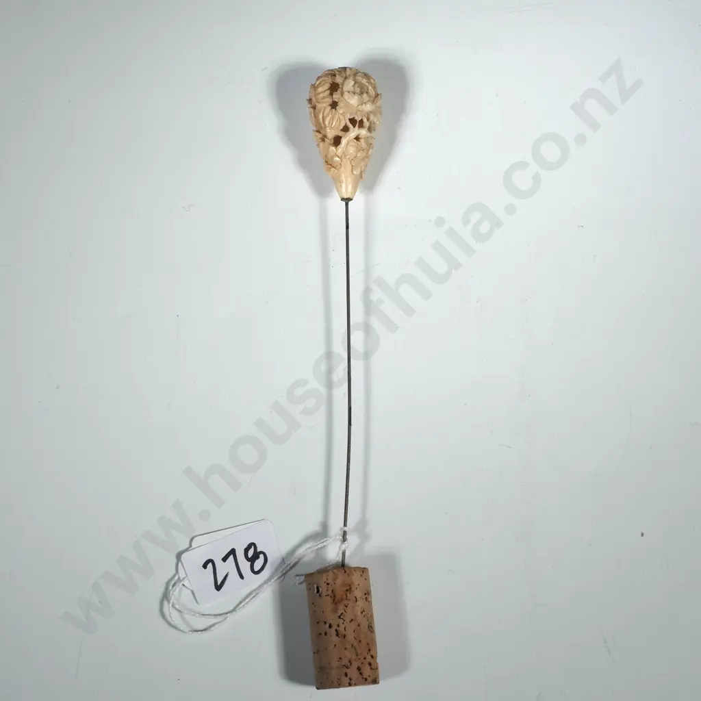 Carved Bone Hat Pin w Openwork Floral Decoration Image 1++