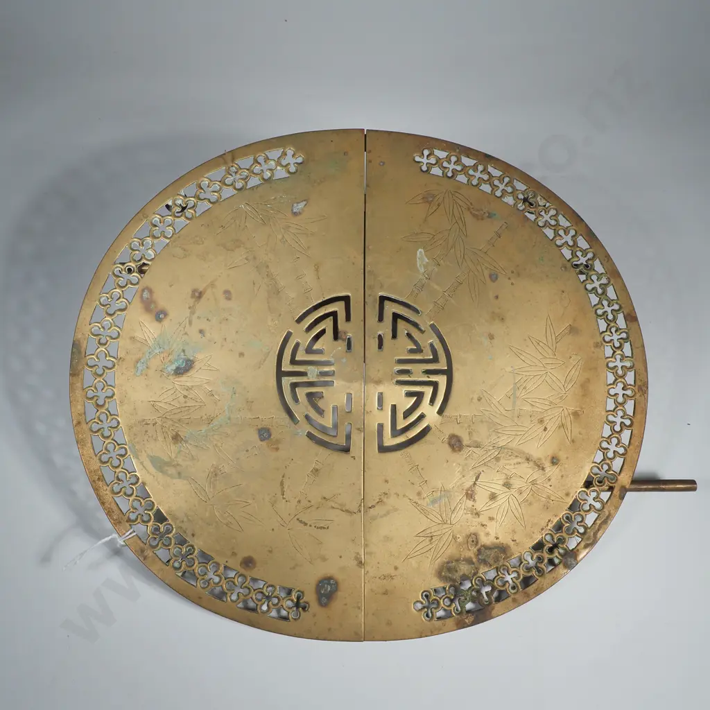 Chinese Brass Extending Trivet Stand Probably Early 20th Century, the Oval Stand w Pierced Decoration to Edges & Centre Image 1++