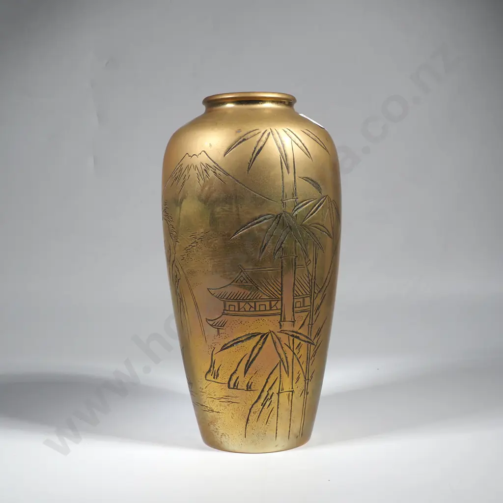Vintage Japanese Brass Vase w Mt Fuji Image 1++