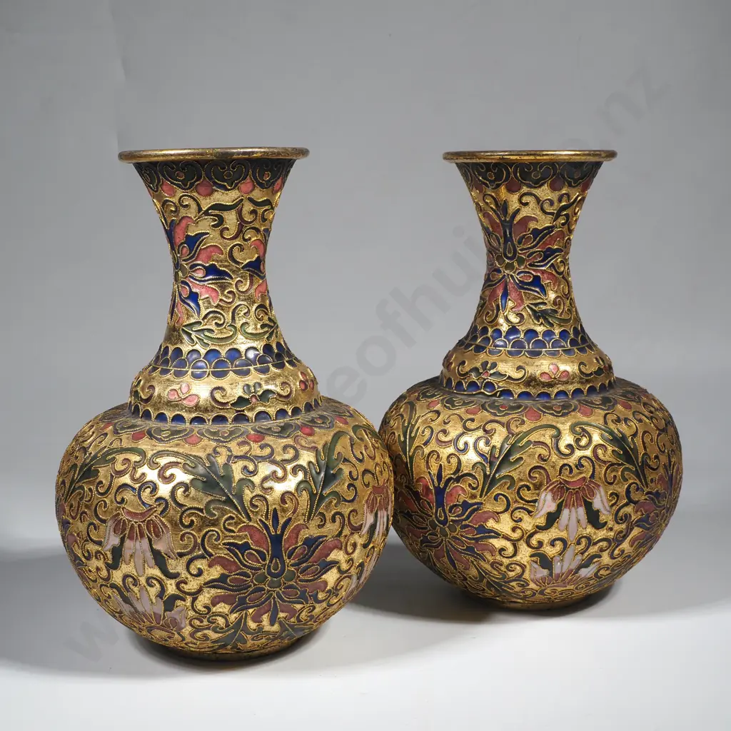 Pair of Vintage Gilt & Enamel Cloisonne Vases w Intricate Floral & Swirl Patterns Image 1++