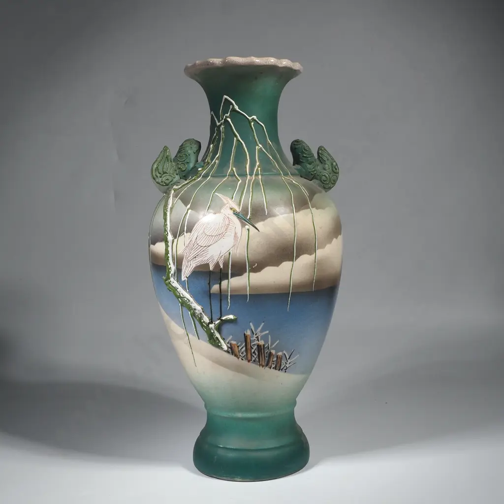 Japanese Satsuma Moriage Vase Decorated w a Stork & Raised Relief Details Image 1++