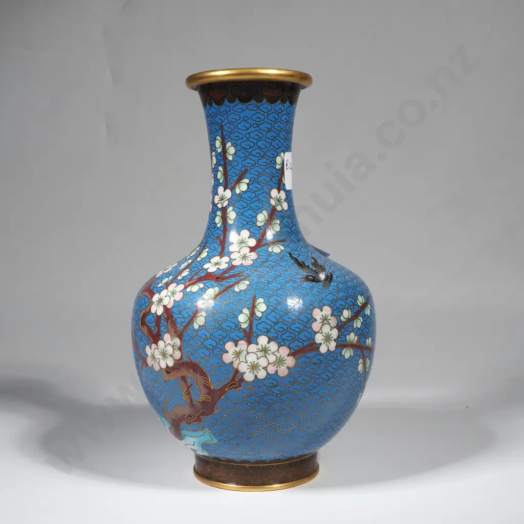 Blue Cloisonne Vase w Apple Blossom Decoration Image 1++