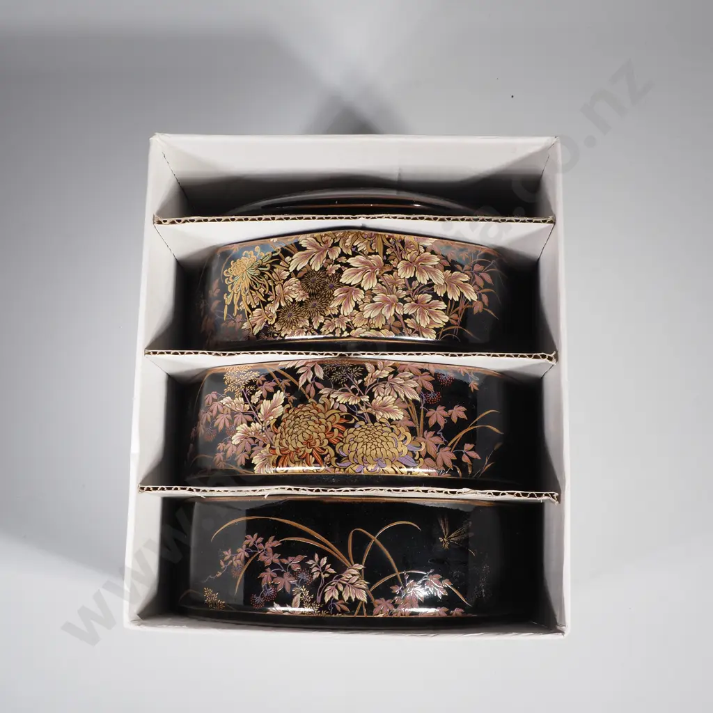 Vintage  Boxed Japanese  Shibata 3 Tiered Black Floral Porcelain Lidded Round Box w Intricate Gold & Dragonfly Detail Image 1++