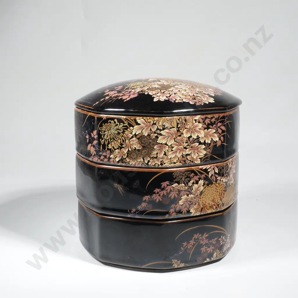 Vintage  Boxed Japanese  Shibata 3 Tiered Black Floral Porcelain Lidded Round Box w Intricate Gold & Dragonfly Detail Image 1++