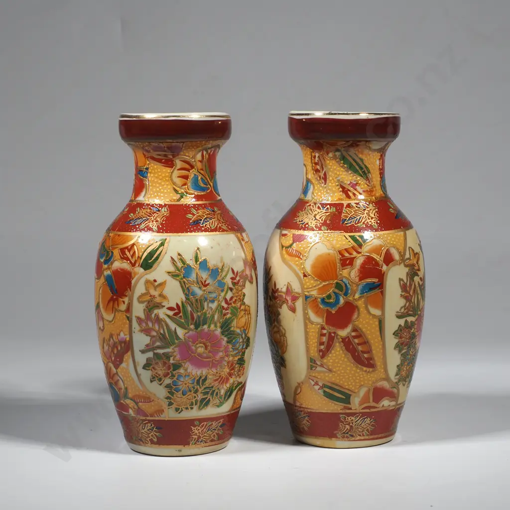 Pair of Satsuma Style Vintage Porcelain Vases w Floral Decoration &  Gilding Image 1++