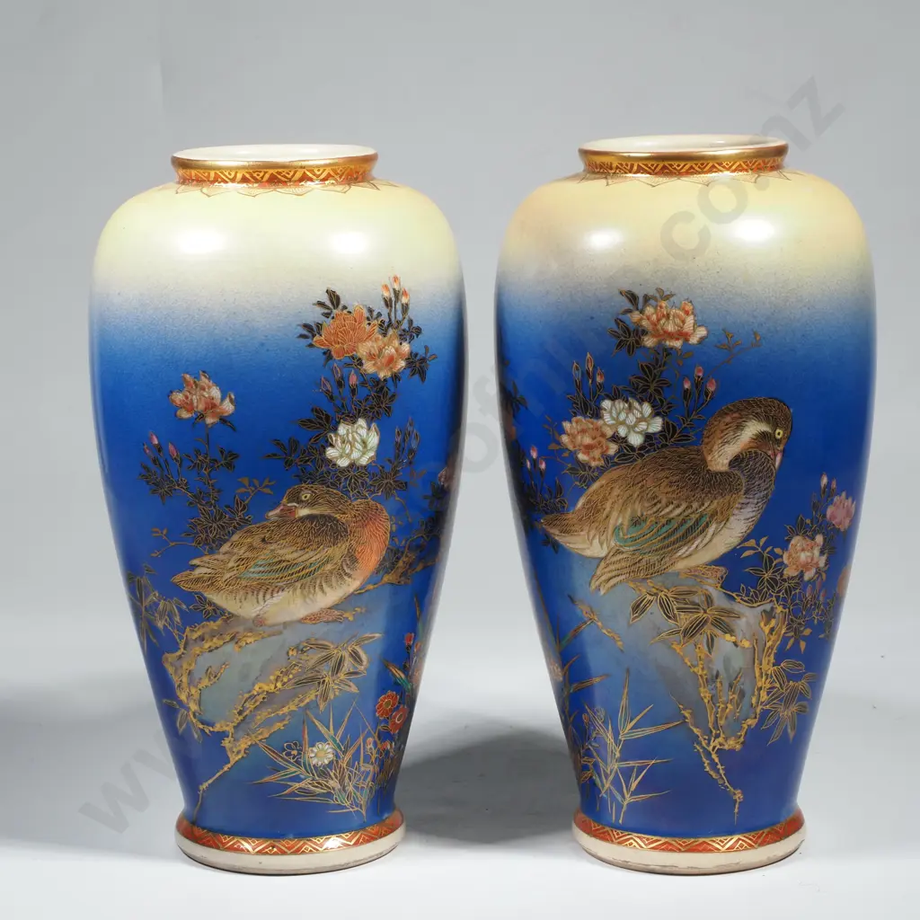 Quality Pair of Satsuma Vases by Kinkosan Decorated w a Bird & Flower against a Blue Fade Ground Image 1++