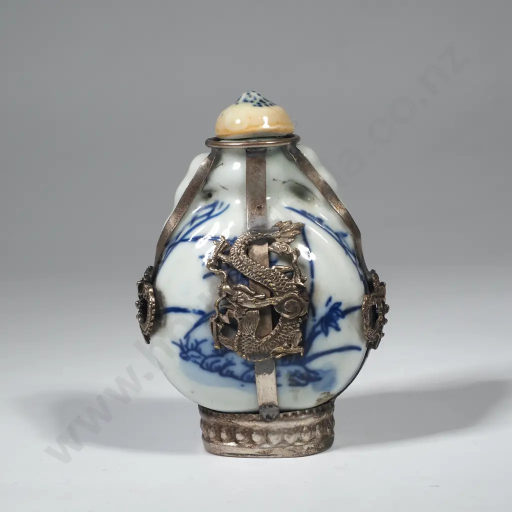 Blue & White Porcelain Snuff Bottle w Dragon & Rooster Pewter Mounts Image 1++