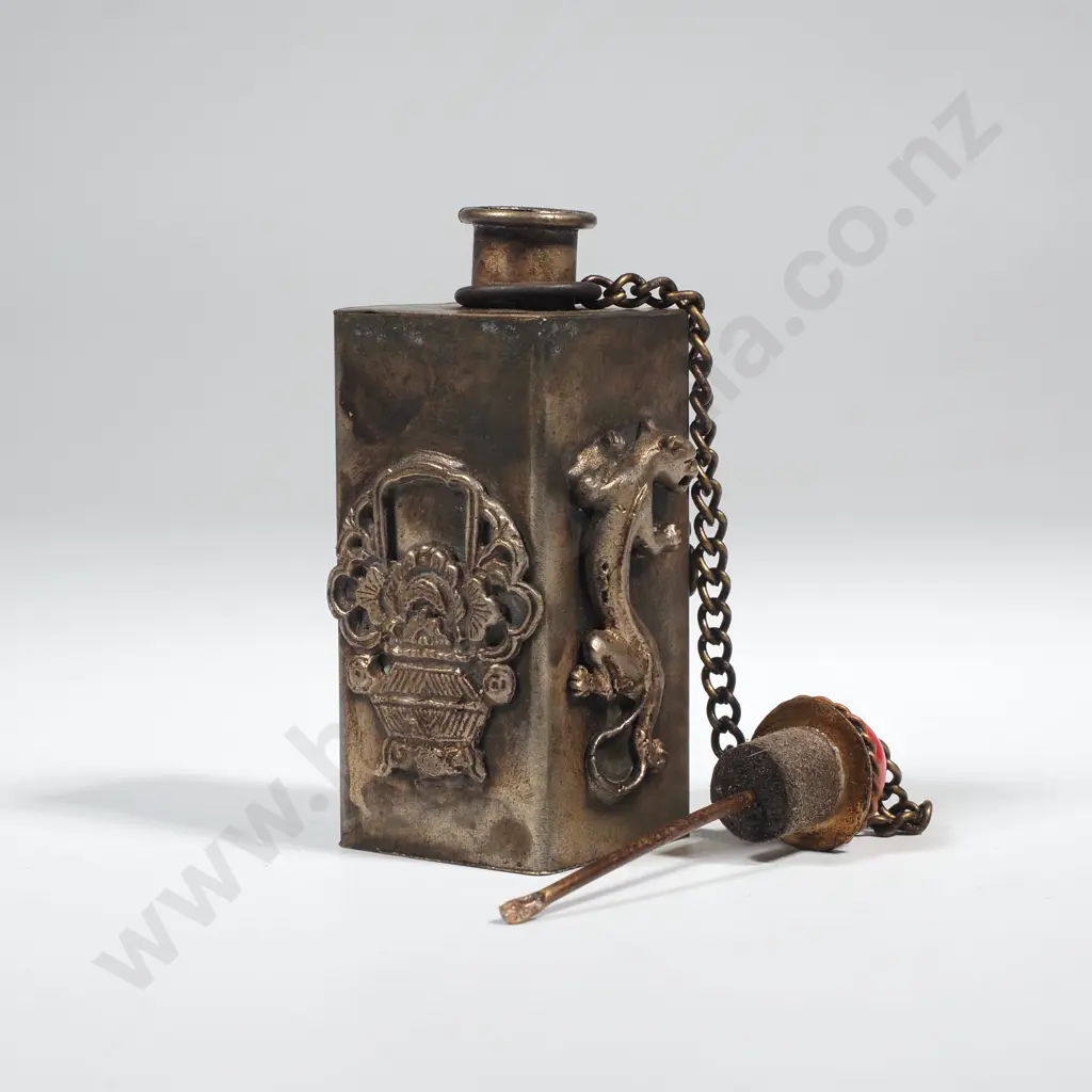 Chinese Square Metal Snuff Bottle w Embossed Leopard & Floral Decoration & Red Stone Stopper Image 1++