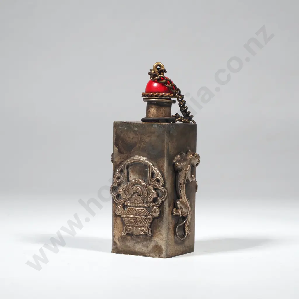 Chinese Square Metal Snuff Bottle w Embossed Leopard & Floral Decoration & Red Stone Stopper Image 1++