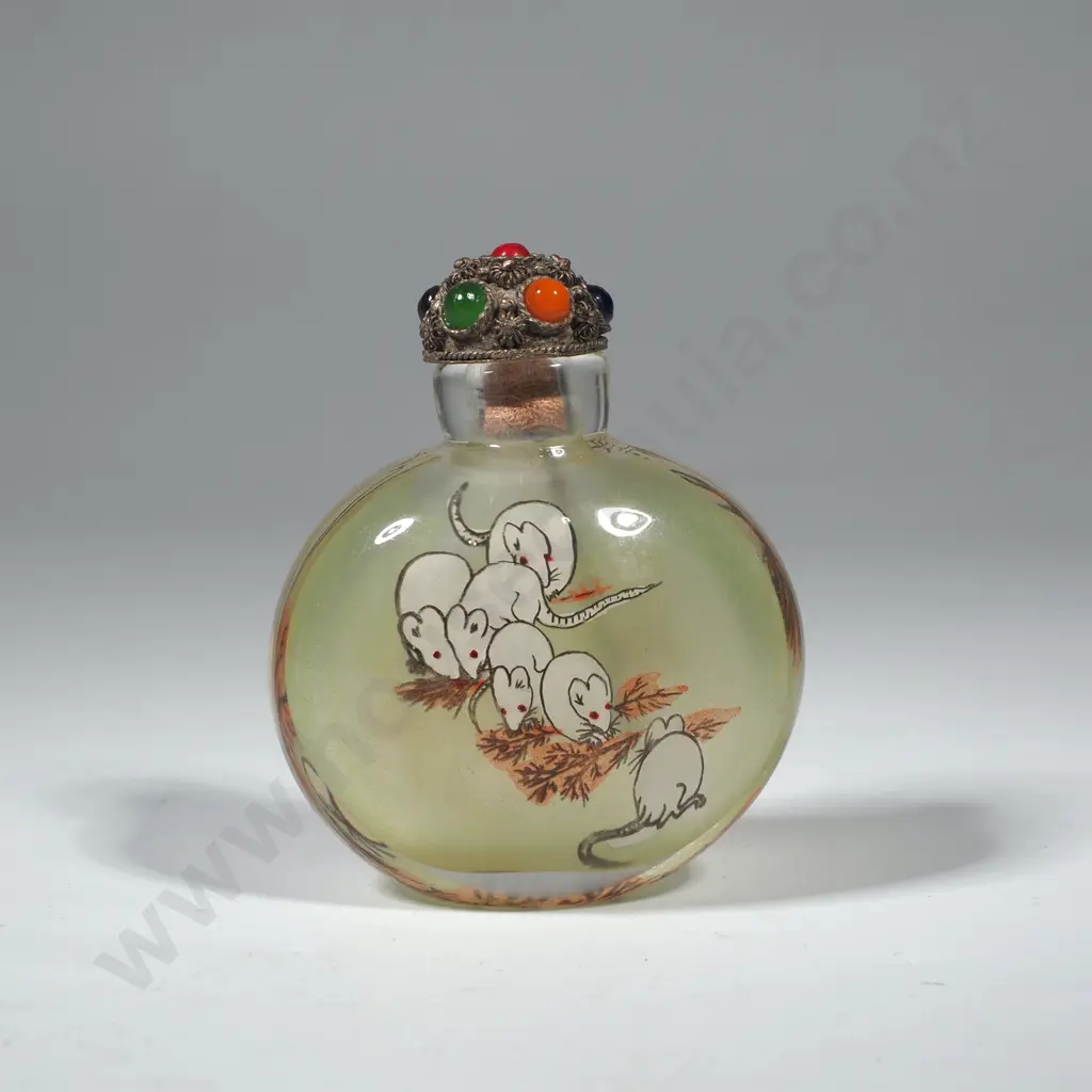 Small Reverse Painted Snuff Bottle Decorated w Mice on Branches & w Decorative Stopper Image 1++