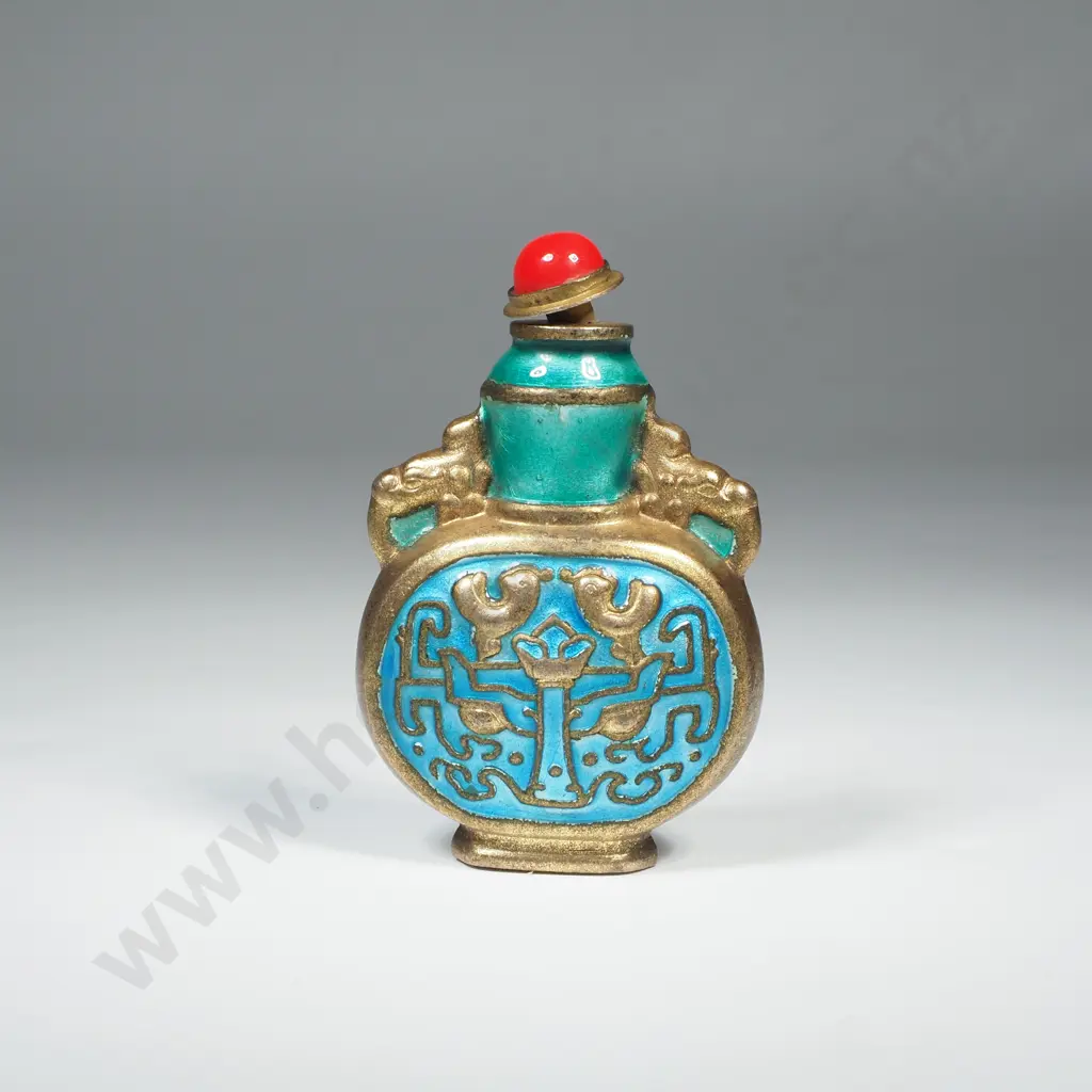Antique Brass Chinese Snuff Bottle w Cloisonne Style Enamel in Blue & Gold Image 1++